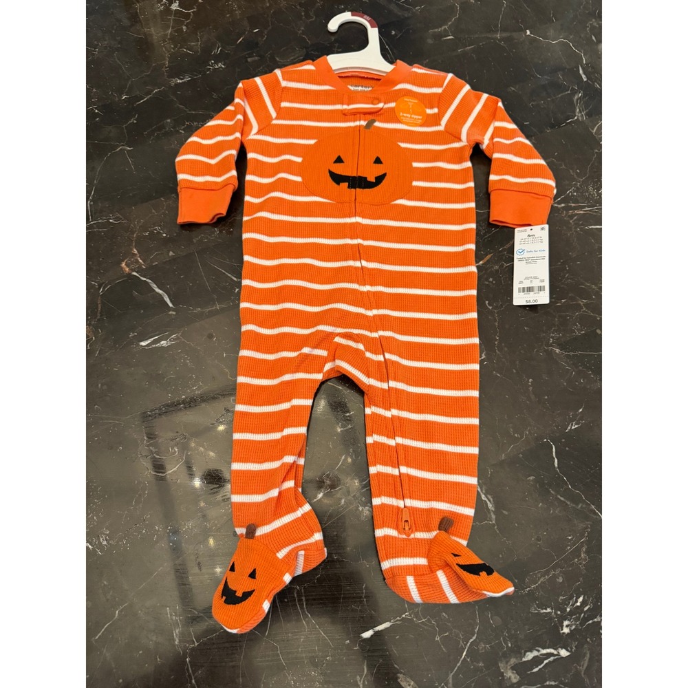 6M Carters Just One You Baby Halloween Pumpkin Striped Waffle Knit Sleeper NWT
